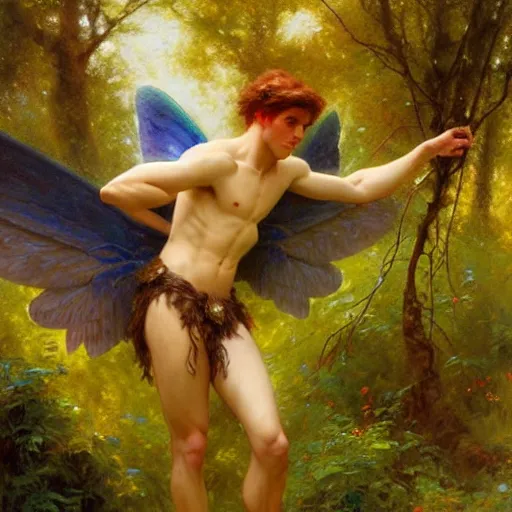 Image similar to attractive male fairy with wings in the forest, posing. highly detailed painting by gaston bussiere, craig mullins, j. c. leyendecker, 8 k