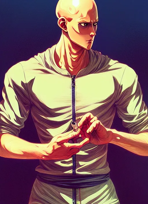 Image similar to handsome saitama, half body shot, path traced, fighting, highly detailed, high quality, digital painting, alena aenami, lilia alvarado, shinji aramaki, karol bak, alphonse mucha, tom bagshaw