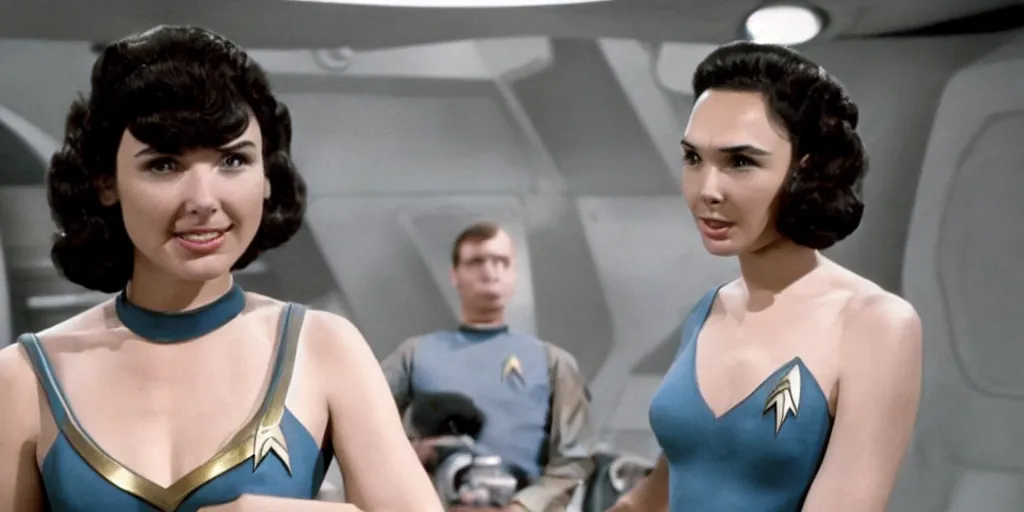 Image similar to a scene from Trouble with Tribbles, an episode of the original Star Trek series, with Gal Gadot, in Starfleet uniform, in the role of Captain Kirk