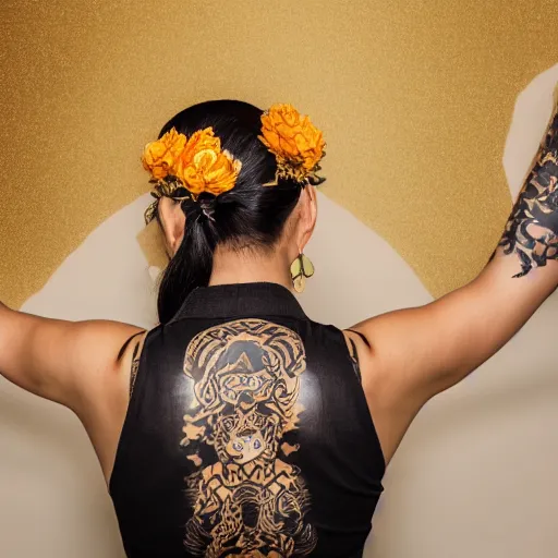 Image similar to photography of the back of a woman with a black detailed irezumi tatto representing a gold tiger with flowers, mid-shot, dark background, editorial photography