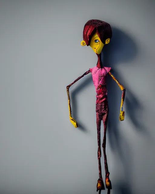 Image similar to a paper mache doll of a creepy long limbed coraline, realistic, very detailed, complex, intricate, studio lighting, superres sharpening, bokeh, sigma 5 0 mm f 1. 4