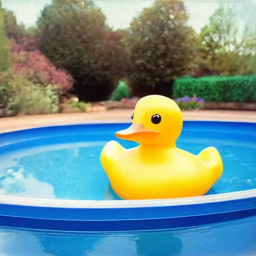 Image similar to a very beautiful picture of a giant rubber duck in a pool, polaroid