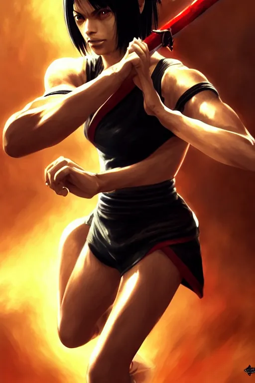 Prompt: Tekken 4 fighter anime Stunning Portrait Rosario Dawson with Karate master uniform, short black hair with a sword on her back in a fighting stance, digital painting, artstation, concept art, soft light, hdri, smooth, sharp focus, illustration, art by tian zi, craig mullins, Mark Arian, WLOP, alphonse mucha