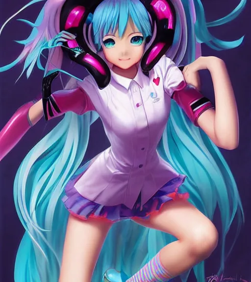 Prompt: Anime art of beautiful Hatsune miku with beautifel legs by artgerm, rossdraws, magali villeneuve, Gil Elvgren, Alberto Vargas, Art Frahm, Enoch Bolles