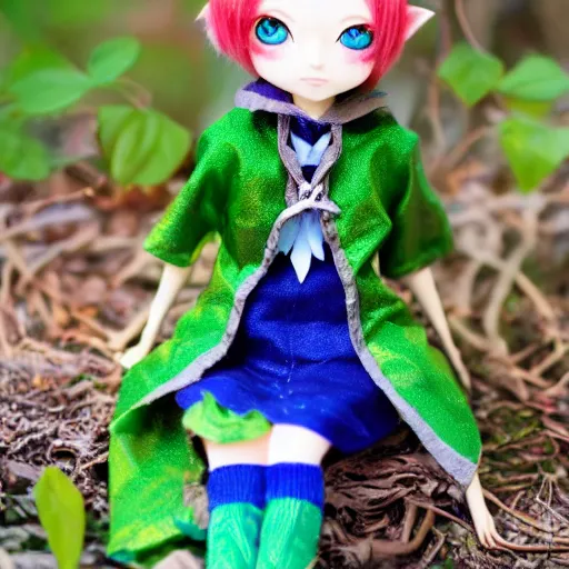 Prompt: hyper kawaii anime elf doll, druid theme, somber portraits, pursed lips, green eyes, bokeh background