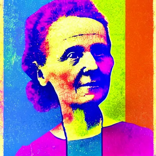 Image similar to rainbow smiling marie curie. pop art.