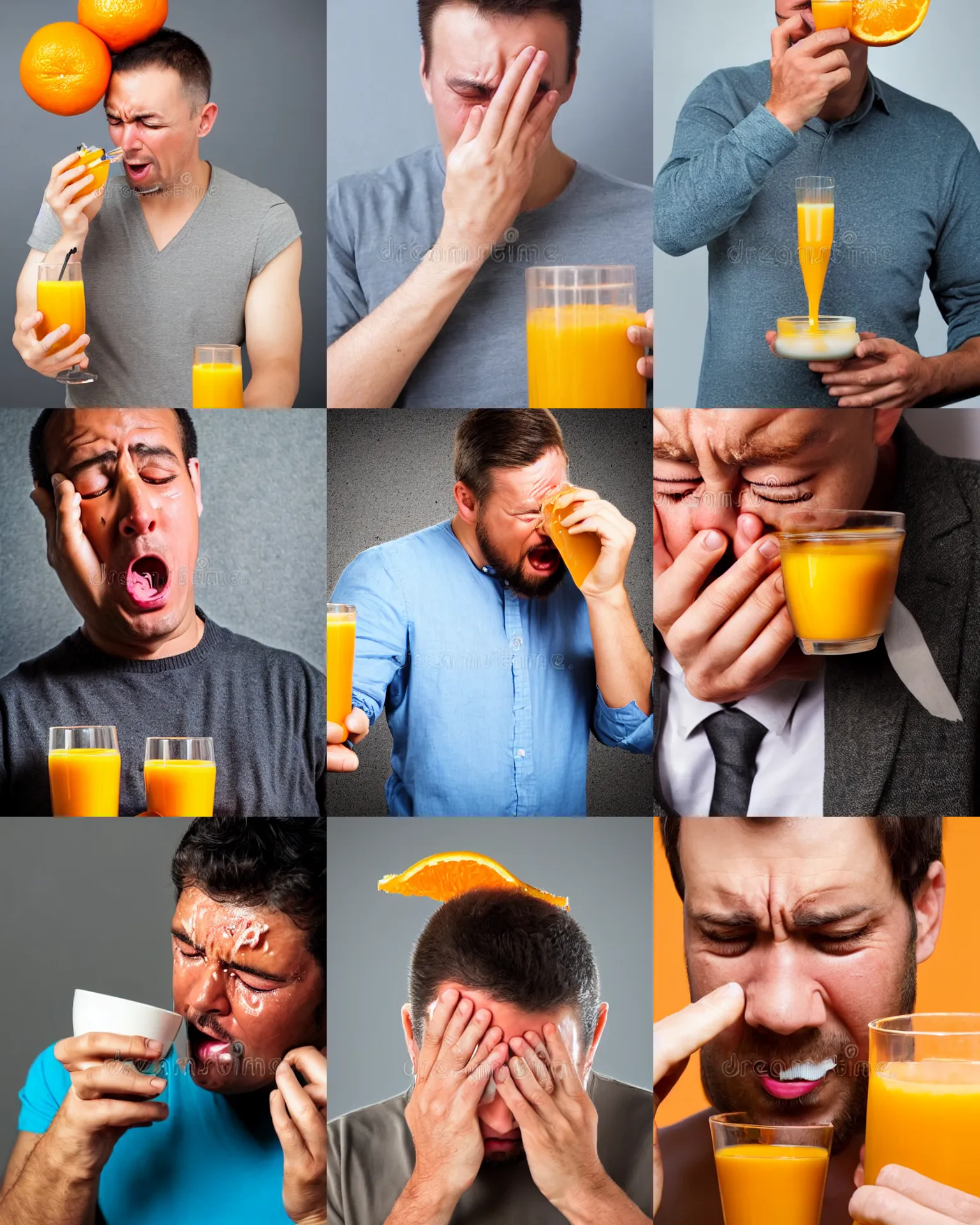 Prompt: man crying tears of orange juice, stock photography