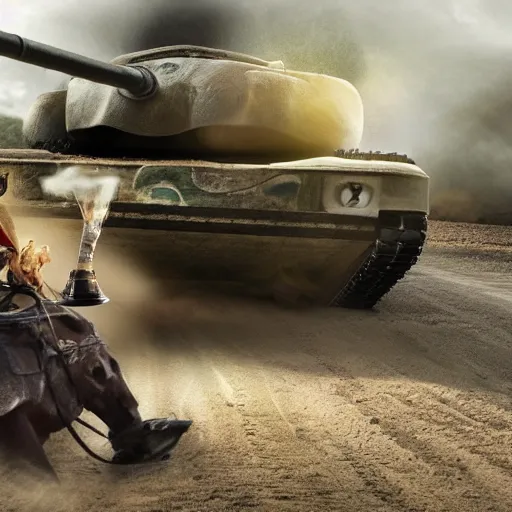 Prompt: a horse riding a tank while drinking a coffe and eating a turtle while driving a truck 4 k photo realistic