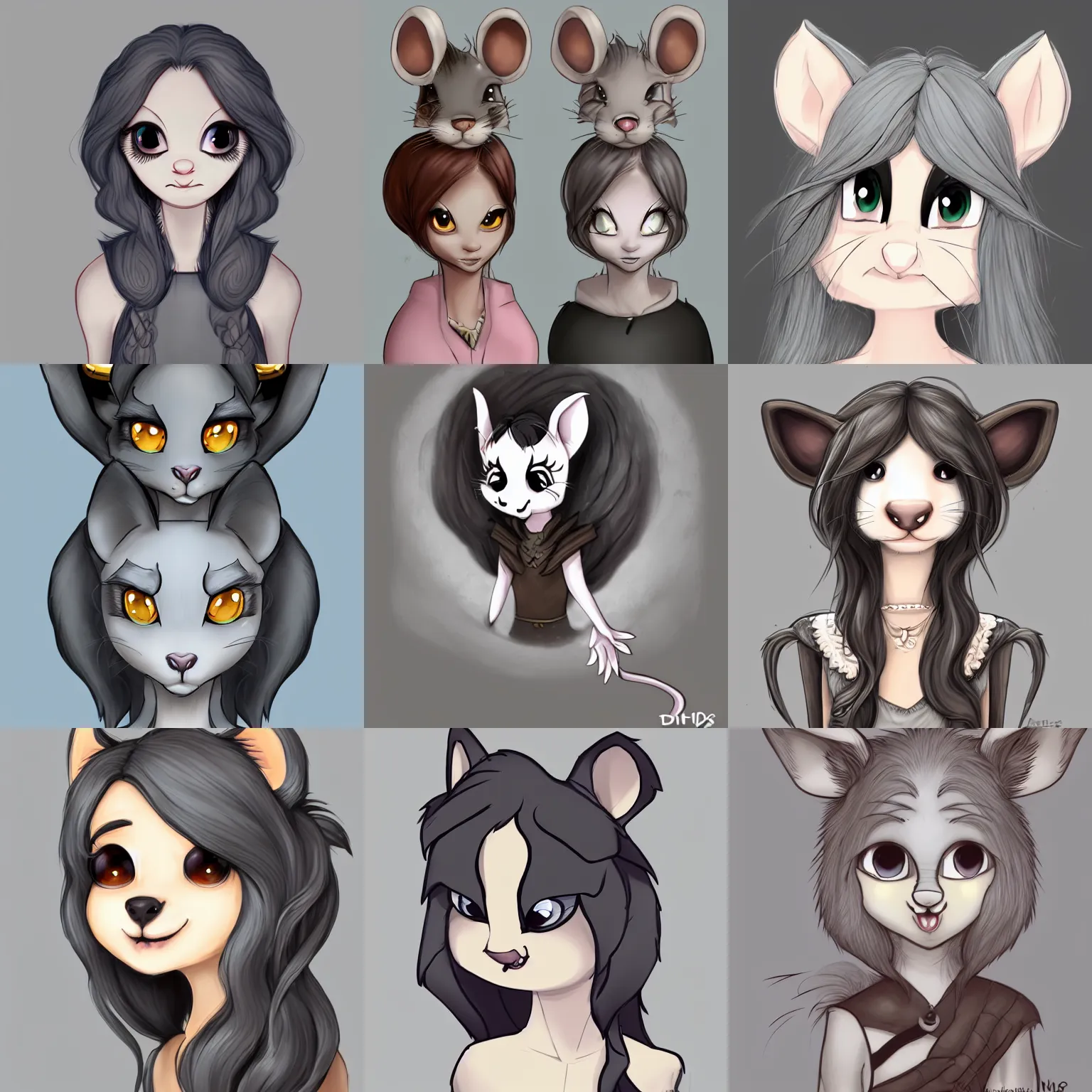 Prompt: 3/4 headshot of young female furry, D&D, cute, fantasy, intricate, long hair, grey skin, mouse face, mouse nose, mouse head, mouse ears, black hair, elegant, highly detailed, cartoony, artstation, concept art, smooth, sharp focus, illustration, art by Diives