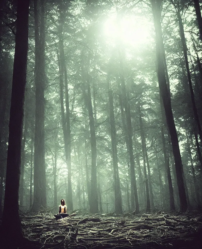 Prompt: “ dense dead forest with glowing orbs, woman sitting ”