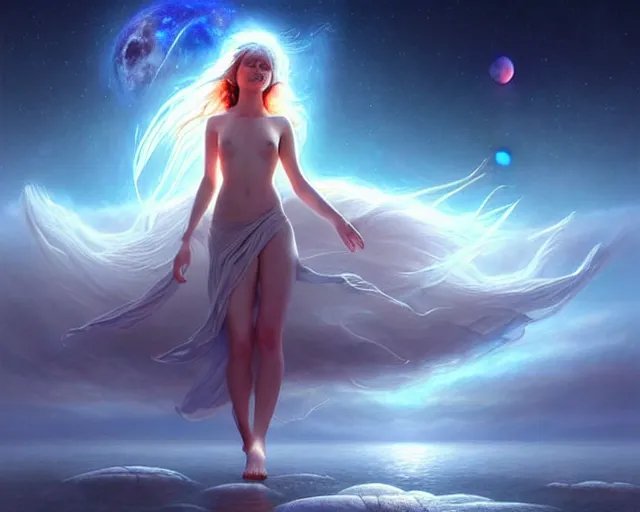 Prompt: a lone beautiful ethereal spirit floating & running along the shimmering crystalline shores of eternity, universe and planets and stars in the sky, unusual surreal, gorgeous artwork by artgerm, rutkowski, wlop, detailed, dramatic lighting