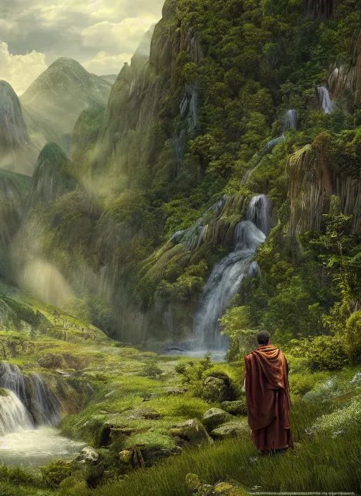 Prompt: an stral monk in lord of the rings scenery landscape, looking out at a vast lush valley at sunrise with a tibetan temple on a mountain in the distance, river, waterfall, god's rays, highly detailed, vivid color, cinematic lighting, perfect composition, 8 k, gustave dore, derek zabrocki, greg rutkowski, belsinski, octane render