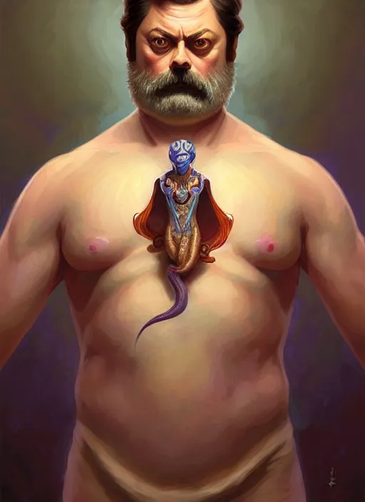 Prompt: portrait of nick offerman as a squid man, d & d, muscular, fantasy, intricate, elegant, highly detailed, digital painting, artstation, concept art, smooth, sharp focus, illustration, art by artgerm and greg rutkowski and alphonse mucha