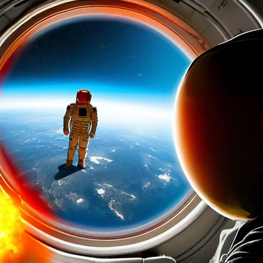 Prompt: spaceman looking out of a spaceship window, watching two planets explode in the distance