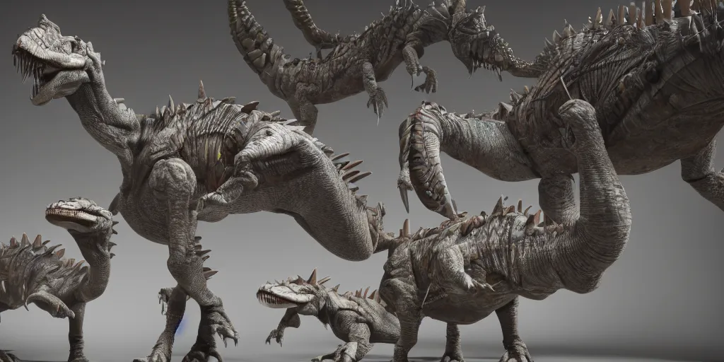 Image similar to extremely detailed award winning 3D octane render of cyborg dinosaurs in a lab