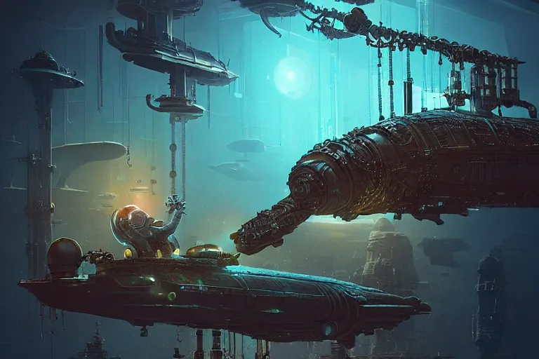 Image similar to a very realistic movie still of a cyborg chthulu devouring a tiny steampunk submarines, highly detailed render by beeple, syd meade, starwars, space art concept, sci - fi, digital art, unreal engine, wlop, trending on artstation, 4 k uhd image, octane render