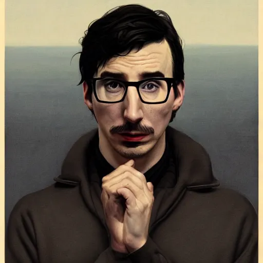 Image similar to photogenic, john oliver and adam driver, john oliver in front, adam driver behind john oliver, stylized, realistic poster, centered, dark, smokey, digital painting, art by jeremy lipking, deviant art, art by artgerm, art by greg rutkowski, art by alphonse