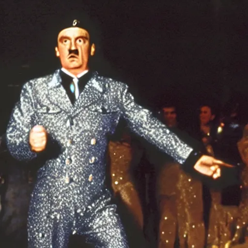 Image similar to A movie still of Hitler wearing a disco suit in Satuday Night Fever