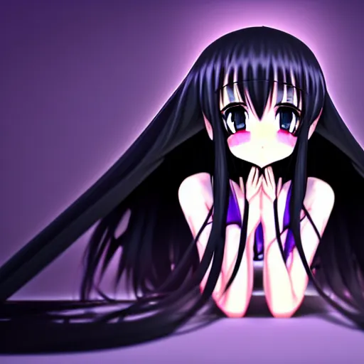 Prompt: A render of a cute young 3D anime girl with long violet hair, she is laying on her back, top down camera angle pointing at her face, wearing a long flowing black reaper hood with black pants, a bloody scythe is laying next to her foot, in a dark field, laying on her back, full body, dark and moody lighting, night time