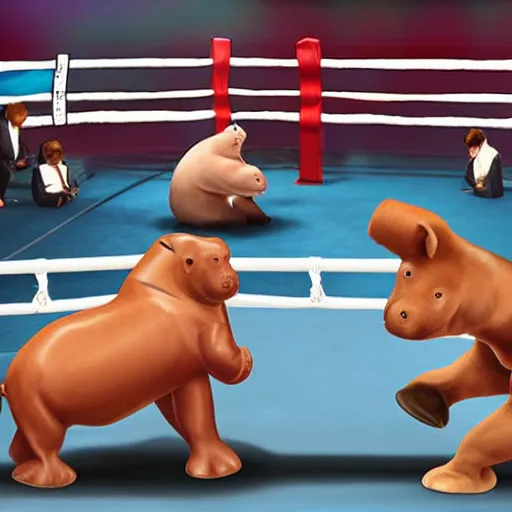 Image similar to Photorealistic hippos in a boxing match