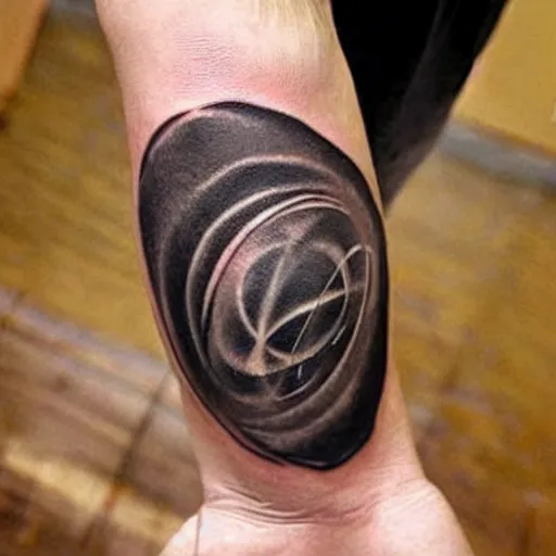 Image similar to a small black tattoo on the arm based on quantum physics, whole tattoo, realistic, very detailed