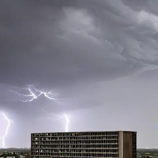 Image similar to a centered magnificent building of le Corbusier standing in the middle of manathan, apocalypse lightning, high quality, 4k