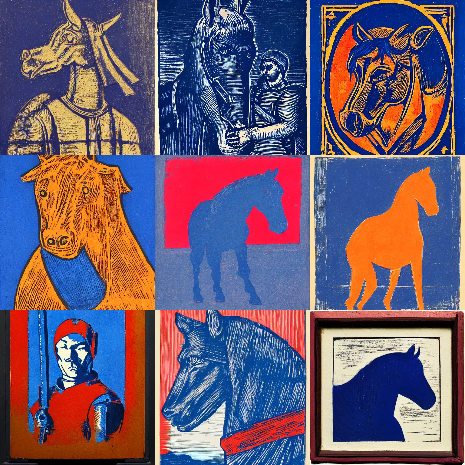 Prompt: dark tonalist portrait of dog - faced pony - soldier monster, ultramarine blue and venetian red, woodcut, dramatic lighting