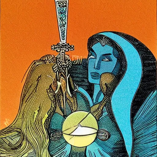 Prompt: artemixel, the modern reincarnation of the old selenium greek god of hunt, also known as artemis the selene, carrying the celebrated crown of the crescent moon wich its usual bright and slightly bluish crescent like the brightness of the night. cartoon by moebius, 1 9 7 0 - 8 0's sci - fi award character design
