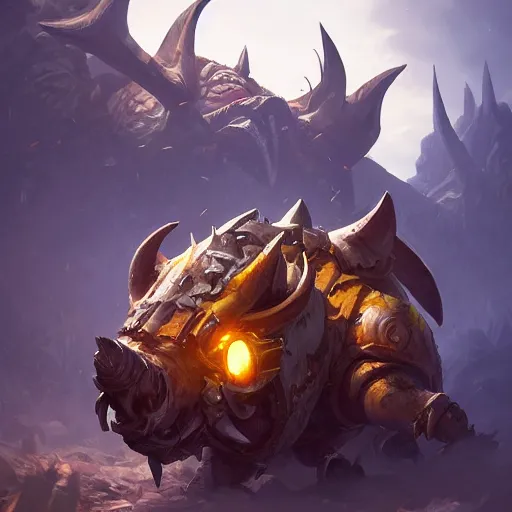 Image similar to an armored boar, boar ’ s tusks, yellow theme, bright art masterpiece artstation. 8 k, sharp high quality artwork in style of jose daniel cabrera pena and greg rutkowski, concept art by tooth wu, blizzard warcraft artwork, hearthstone card game artwork, armored boar