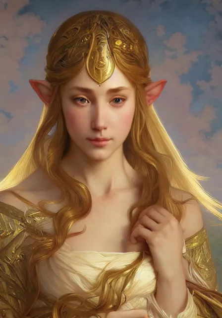 Image similar to zelda gold hair, intricate, elegant, highly detailed, digital painting, artstation, concept art, smooth, sharp focus, illustration, art by artgerm and greg rutkowski and alphonse mucha and william - adolphe bouguereau