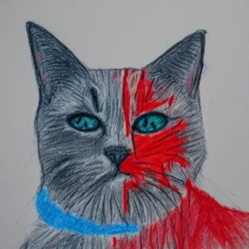 Image similar to crayon drawing of a cat bleeding out, drawn by a 6 year old