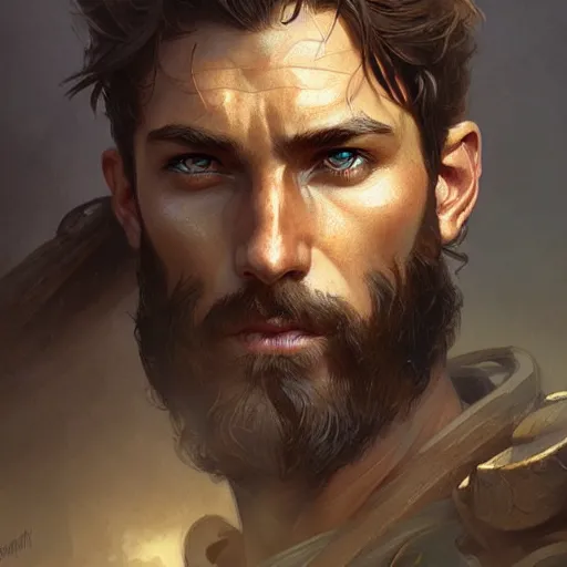 Image similar to Portrait of rugged male ranger, D&D, amber eyes, face muscular, fantasy, intricate, elegant, highly detailed, digital painting, artstation, concept art, smooth, sharp focus, illustration, art by artgerm and greg rutkowski and alphonse mucha