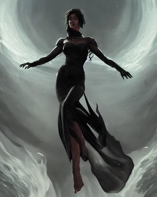 Prompt: Muscular woman in an elegant black silk dress casting a water spell, medium-length portrait, dramatic lighting, D&D, fantasy, intricate, elegant, highly detailed, digital painting, artstation, concept art, matte, sharp focus, illustration, hearthstone, art by Artgerm and Greg Rutkowski and Alphonse Mucha