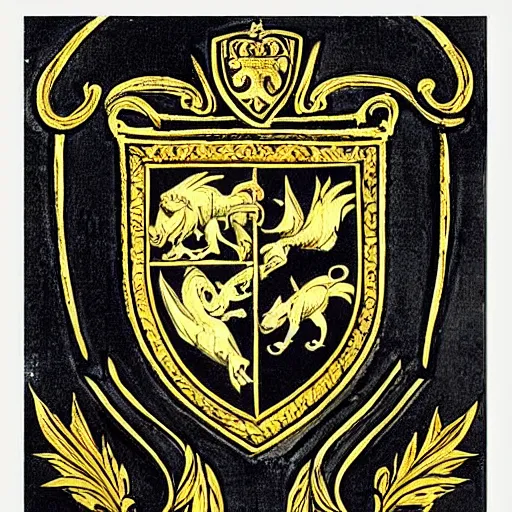 Image similar to “ medieval heraldry, white, black, gold, highly detailed, painted, realistic, historical, coat of arms, ”