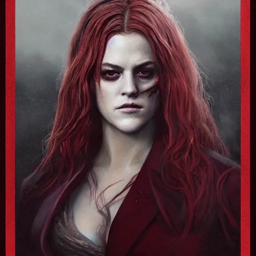 Image similar to portrait of beautiful riley keough as a vampire in bloody business suit, blood red eyes, fantasy, intricate, elegant, highly detailed, by greg rutkowski, cinematic movie poster