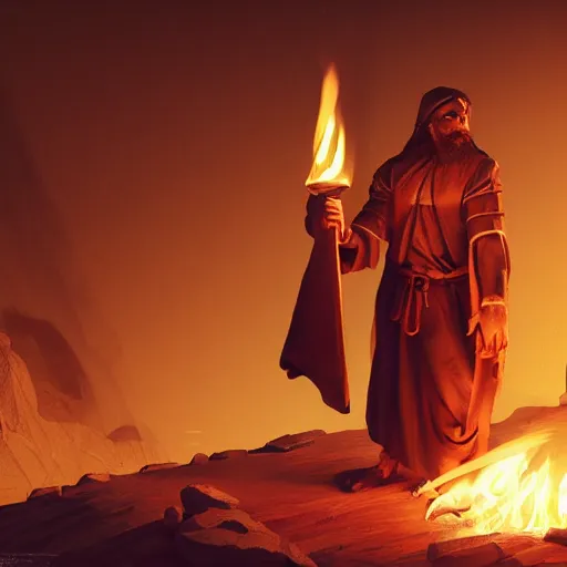 Image similar to award intense 27 year old Mediterranean skinned man in Ancient Canaanite tunic, holding a flaming torch, beard, short hair, Nighttime. action, violence, hyperdetailed, artstation, cgsociety, 8k