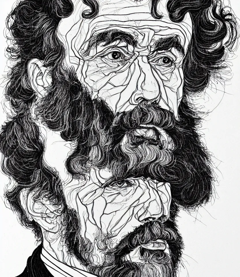 Image similar to detailed line art portrait of leo tolstoy, inspired by egon schiele. caricatural, minimalist, bold contour lines, musicality, soft twirls curls and curves, confident personality, raw emotion