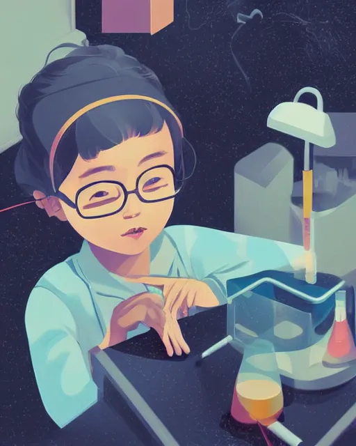 Image similar to a little girl is doing a science experiment. clean cel shaded vector art. minimalist illustration art by lois van baarle, artgerm, helen huang, petros afshar by makoto shinkai and ilya kuvshinov, rossdraws