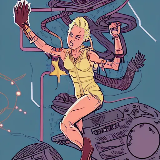 Image similar to comic book page of retrofuture tattooed stoic heroic emotionless dirty butch blonde woman engineer with very short messy dirty hair, full body, fighting in an alien arena, tentacles, rough paper, sci fi, behance hd