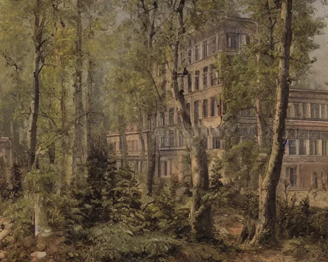 Image similar to beautiful matte painting of cute soviet block of flats hrushevka in end of forest by ivan shishkin,