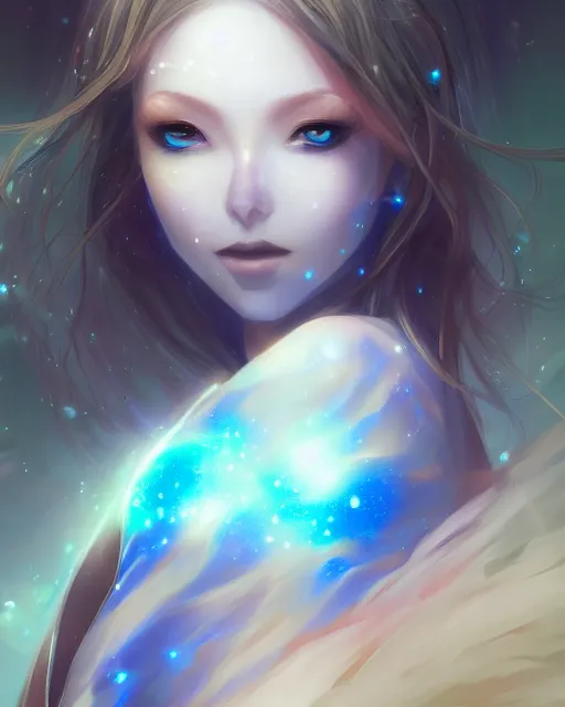 Image similar to A realistic anime portrait of a beautiful cosmic woman with glowing blue eyes and skin made of universes wearing clothes made of galaxies, digital painting, by Stanley Artgerm Lau, Sakimichan, WLOP and Rossdraws, digtial painting, trending on ArtStation, SFW version