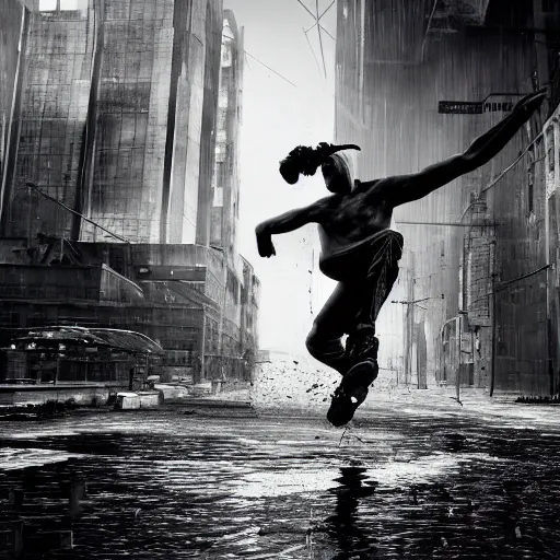 Prompt: a highly detailed epic cinematic black and white cyberpunk artwork photograph inspired by Henri Cartier-Bresson's Behind Gare Saint-Lazare, man jumping over a puddle of water. World Press Photo winner, enhanced and corrected in Photoshop, octane render, excellent composition, cinematic atmosphere, dynamic dramatic cinematic lighting, aesthetic, very inspirational, arthouse