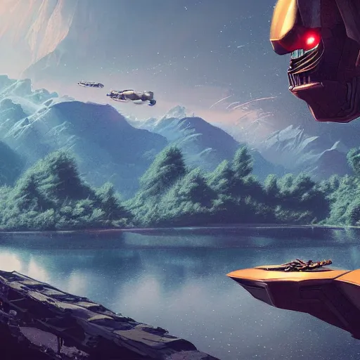 Image similar to Alien mecha robots landing over a lake in a distant planet, distant future, sipping water from the lake below, trending in artstation, matte painting