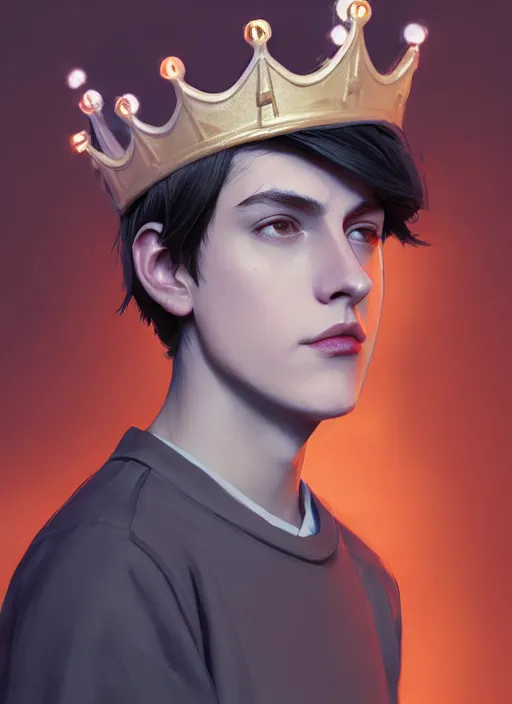 Image similar to portrait of teenage jughead jones wearing a light grey crown, photorealistic, crown, eyes closed, crown, black hair, intricate, elegant, glowing lights, highly detailed, digital painting, artstation, concept art, smooth, sharp focus, illustration, art by wlop, mars ravelo and greg rutkowski