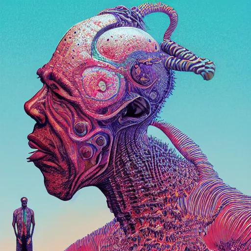 Prompt: insane african man, bizarre, studio light, fashion photography portrait, head neck shoulders, victo ngai, kilian eng, moebius, digital art, masterpiece, fractal pattern background, fantastically beautiful, beksinski, dan mumford, simon stalenhag, artstation, 8 k