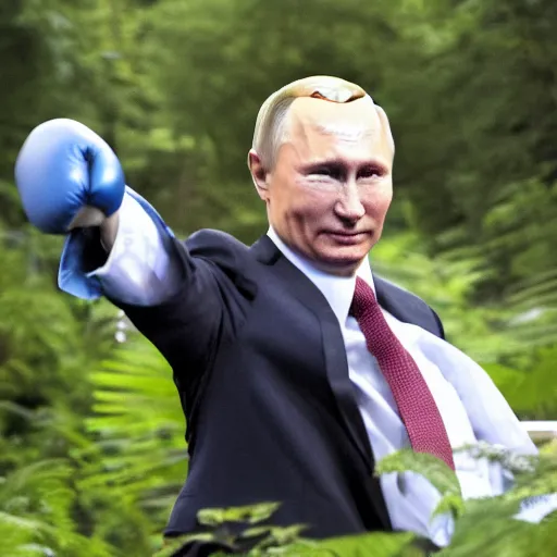 Prompt: Putin knocks out Joe Biden with heavy red boxing gloves in a green jungle. reporters take flash photographs of the blood soaked canvas