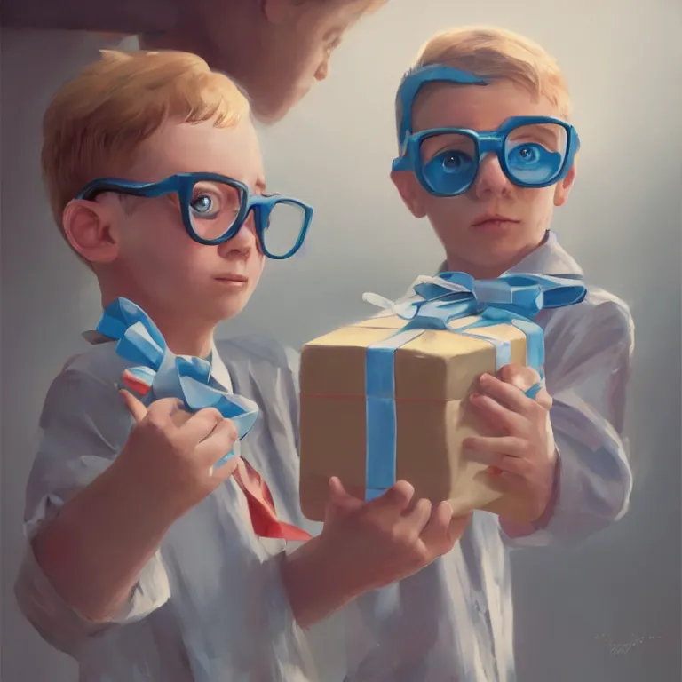 Prompt: a cute boy with a white 3 d glasses and a giftbox with bow and ribbon in a painting from stalenhag, 4 k, 8 k, hdr, artstation, concept art