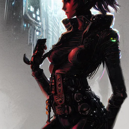 Image similar to full body portrait of an elf woman with elf ears wearing a leather jacket, cyberpunk digital art, dramatic lighting, illustration by Greg rutkowski, yoji shinkawa, 4k, digital art, concept art, trending on artstation