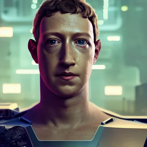 Image similar to looking at camera, ominous portrait of cyborg Mark Zuckerberg as a cyberpunk 2077 loading screen, symmetry, front view, intricate, studio, art by anthony macbain + greg rutkowski + alphonse mucha, concept art, 4k, sharp focus