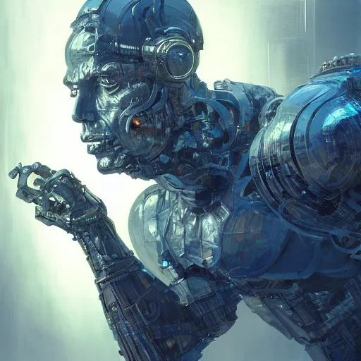 Image similar to the thinker as a cyborg, intricate, elegant, volumetric lighting, scenery, digital painting, highly detailed, artstation, sharp focus, illustration, concept art, luis rollo, ruan jia, steve mccurry, john berkey